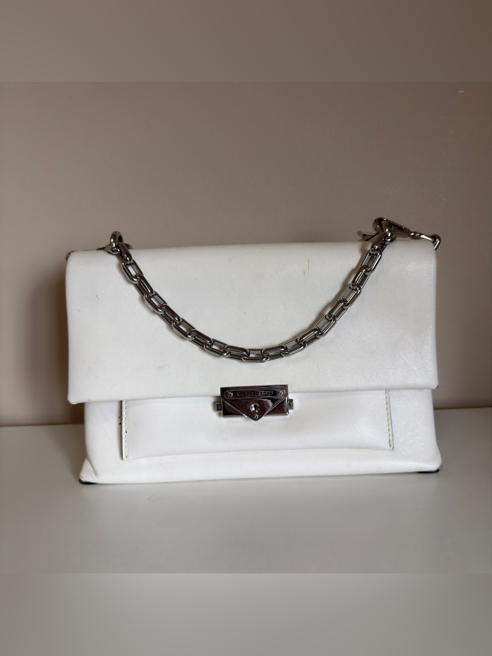 Michael KORS large CECE White Leather Shoulder Bag with Silver Chain